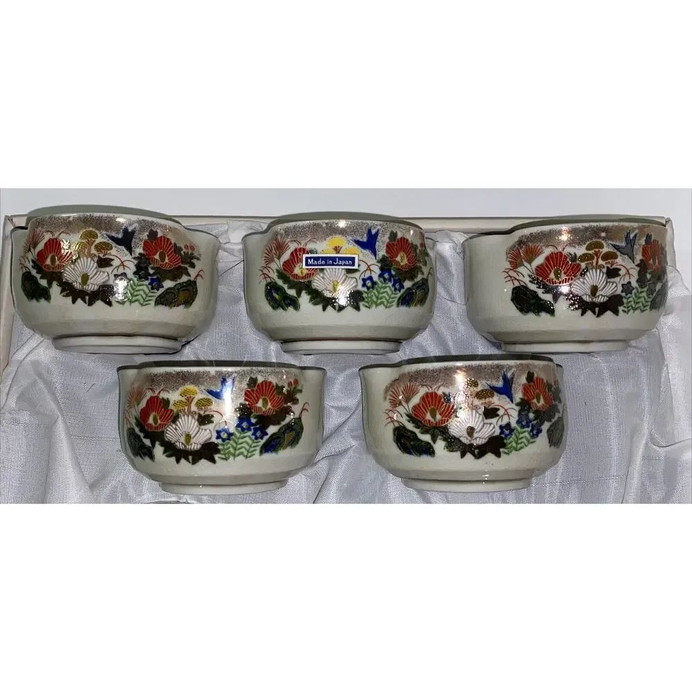 VTG Japan Sake Tea Set Cups 12 Pc‎ Beautiful Flower Design Yokohama Hand Painted